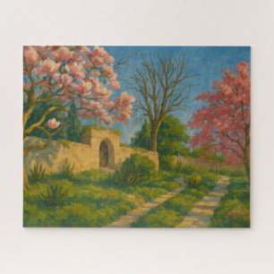 Twin Blossoms – Tranquil Garden Path Painting Jigsaw Puzzle