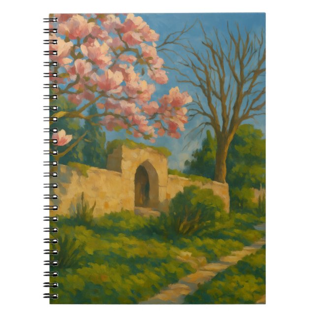 Twin Blossoms – Tranquil Garden Path Painting Notebook (Front)