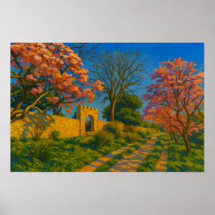 Twin Blossoms – Tranquil Garden Path Painting Poster
