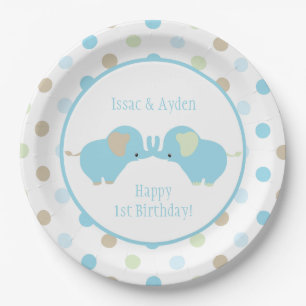 Twin Blue Baby Elephants Polka Dots Birthday Party Paper Plate