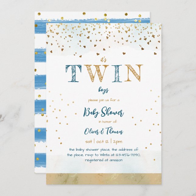 Twin Blue Gold Glitter Simple Baby Boy Shower Invitation (Front/Back)