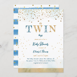 Twin Blue Gold Glitter Simple Baby Boy Shower Invitation