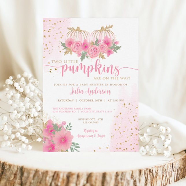 Twin Blush Pink and Gold Fall Pumpkin Baby Shower Invitation (Creator Uploaded)