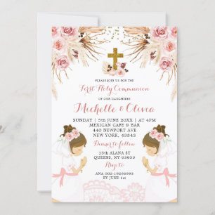 Twin Blush Pink Boho Pampas First Holy Communion Invitation
