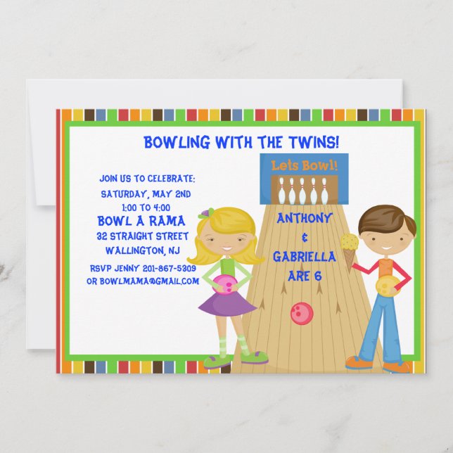 Twin Bowling Birthday Party Invitation (Front)