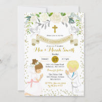 Twin Boy and Blonde Girl Kneeling First Communion