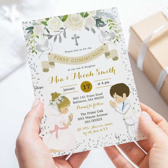 Twin Boy and Blonde Girl Kneeling First Communion Invitation (Creator Uploaded)