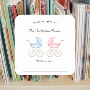 Twin boy and girl Baby Shower bookplate Square Sticker
