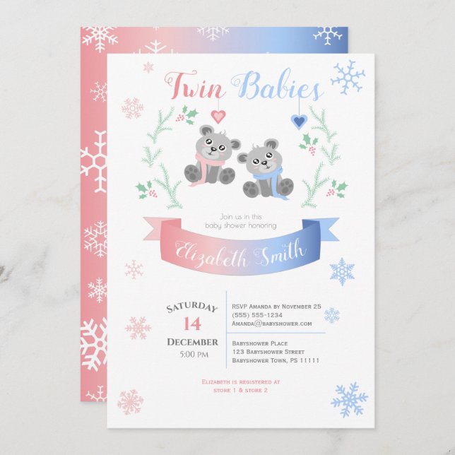Twin boy and girl Cute bears winter babyshower Invitation (Front/Back)