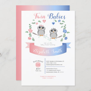 Twin boy and girl Cute owls baby shower Invitation