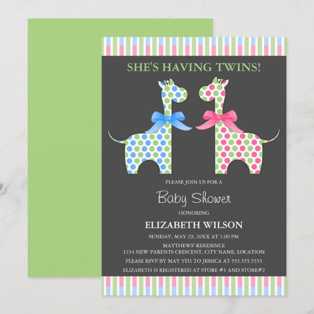Twin Boy and Girl Giraffe Baby Shower Invitation (Front/Back)