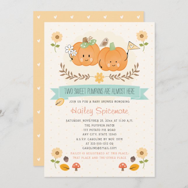 Twin Boy and Girl Pumpkin Baby Shower Invitations (Front/Back)