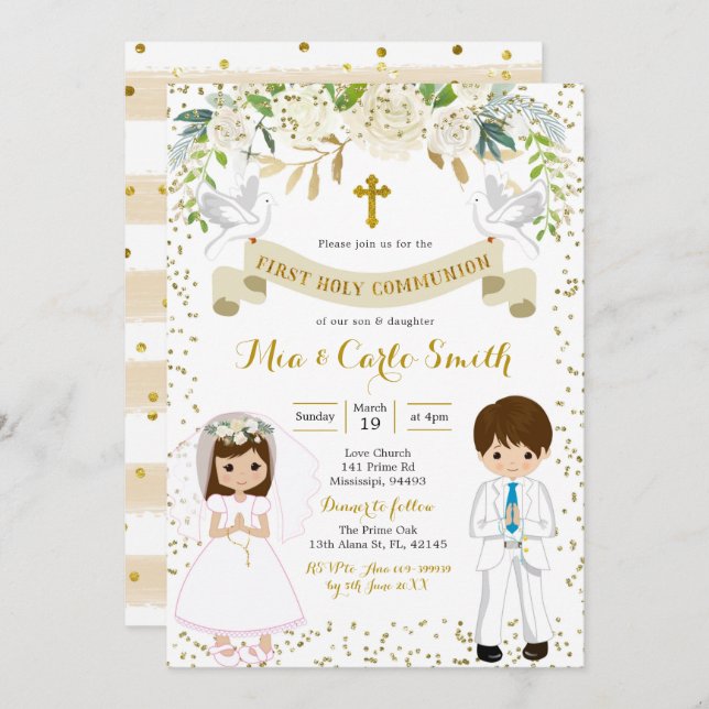 Twin boy and girl sibling first communion 2 invitation (Front/Back)