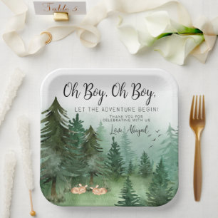 Twin Boy Deer Woodland Baby Shower Paper Plate