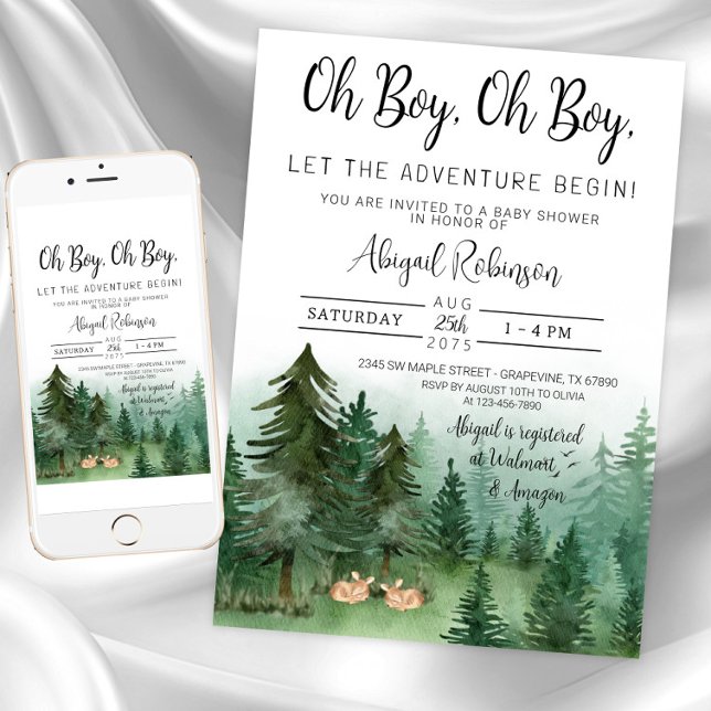 Twin Boy Deer Woodland Oh Boy Baby Shower Invitation (Boy twin woodland deer baby shower invitation. Instant download and printed invitations available.)