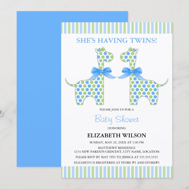 Twin Boy Giraffe Baby Shower Invitation (Front/Back)