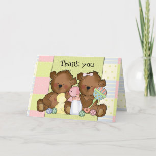 Twin Boy Girl baby bear thank you greeting card