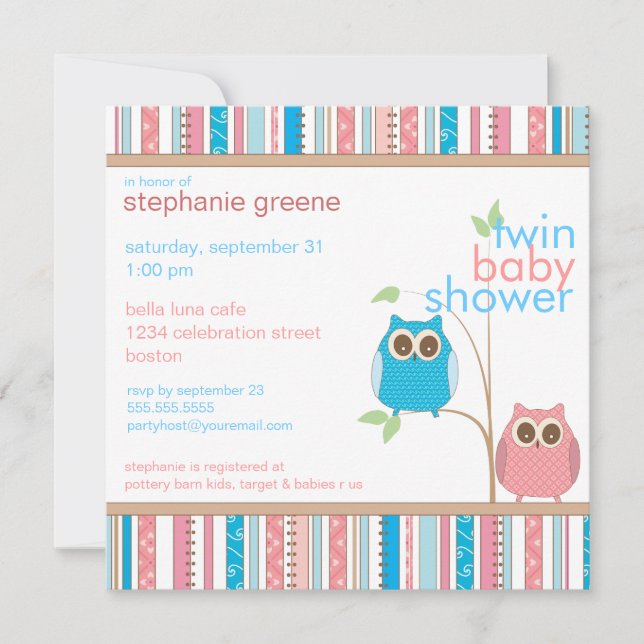 Twin Boy & Girl Baby Owl PInk & Blue Baby Shower Invitation (Front)