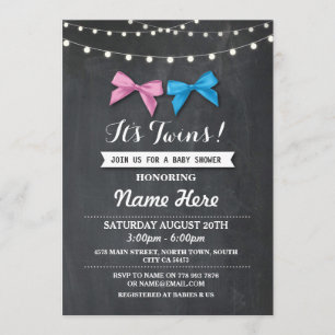 Twin Boy Girl Baby Shower Gender Reveal Bow Invite
