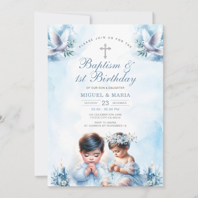 Twin Boy & Girl Baptism & 1st Birthday Blue Cross  Invitation (Front)