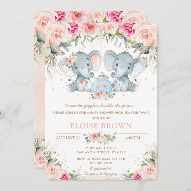 Twin Boy Girl Elephant Pink Floral Tea Baby Shower Invitation (Front/Back)