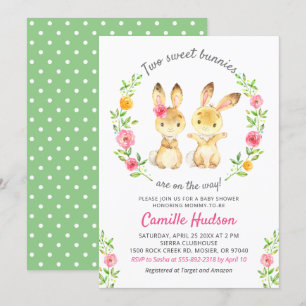 Twin Boy Girl Floral Colourful Bunny Baby Shower Invitation