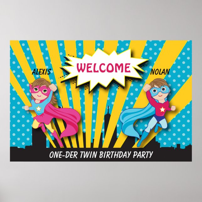 Twin Boy Girl Superhero Birthday Poster (Front)