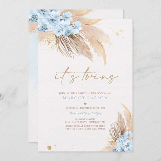 Twin Boy Pampas Grass Bohemian Desert Baby Shower Invitation (Front/Back)