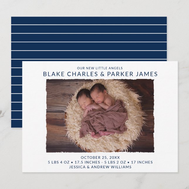 Twin Boy Photo Birth Announcement (Front/Back)