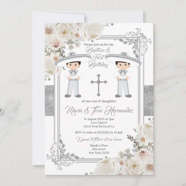 Twin Boy Silver Mexican Baptism Birthday Floral Invitation (Front)