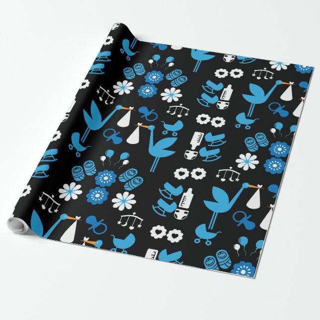 Twin Boy Stalk Delivery Blue Wrapping Paper (Unrolled)