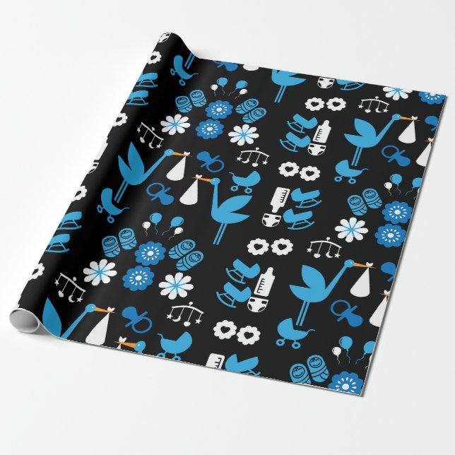 Twin Boy Stalk Delivery Blue Wrapping Paper (Unrolled)