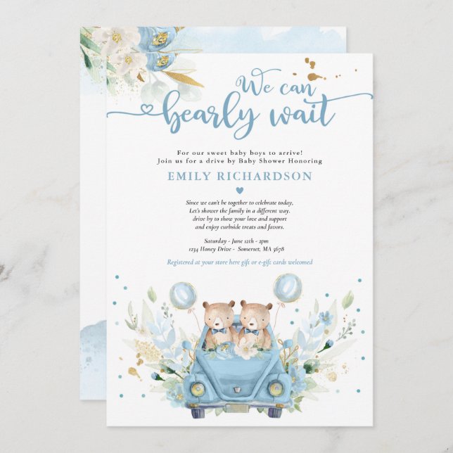 Twin Boy Teddy Bear Drive By Baby Shower Invitation (Front/Back)