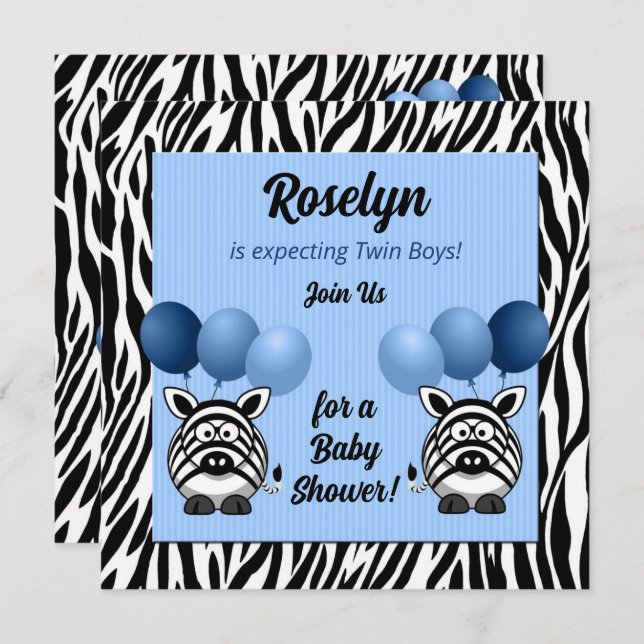 Twin Boy Zebra Print and Blue Baby Shower Invitation (Front/Back)