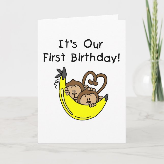 Twin Boys 1st Birthday Monkey Tshirts and Gifts Card (Front)