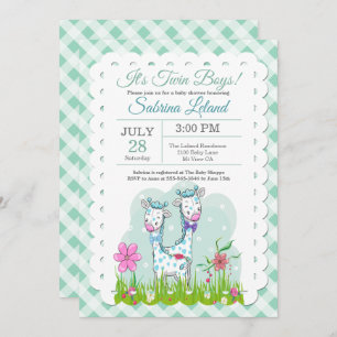Twin Boys Adorable Giraffes Baby Shower Invitation