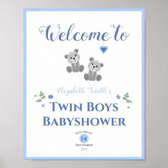 Twin boys baby bears baby shower  welcome sign (Front)