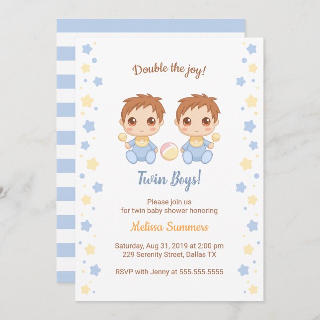 Twin Boys Baby Shower Invitation (Front/Back)
