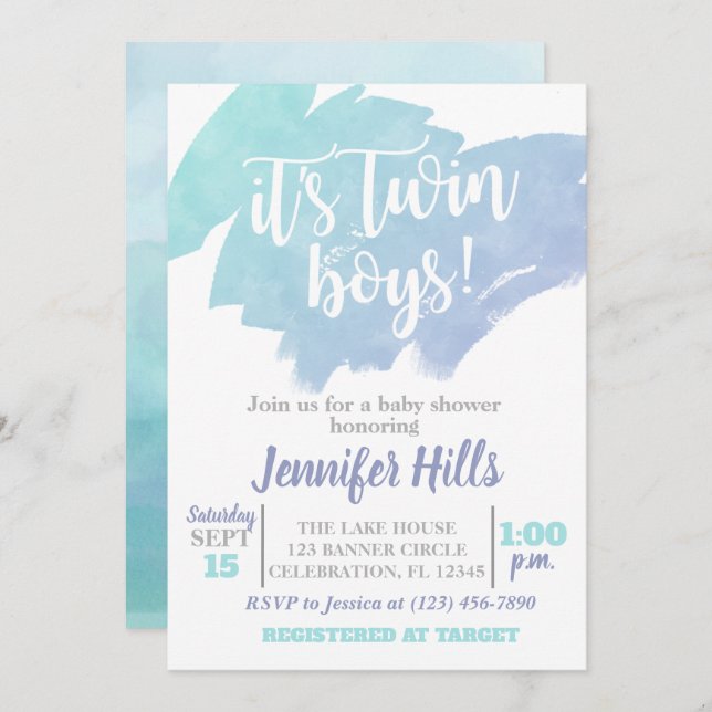 Twin Boys Baby Shower Invitation (Front/Back)