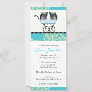 Twin Boys Baby Shower Invitation - Baby Carriage
