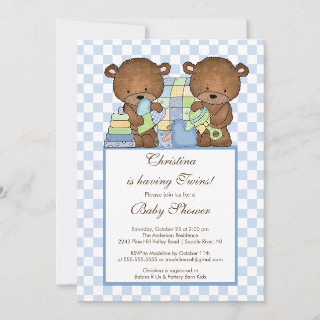 Twin Boys Baby Shower Invitation Bears Blue (Front)