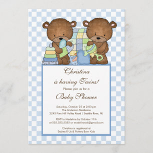 Twin Boys Baby Shower Invitation Bears Blue