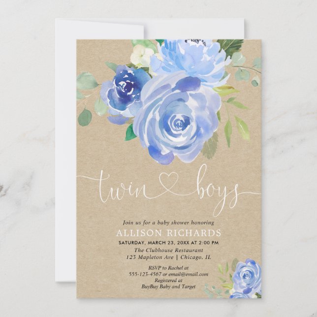 Twin boys baby shower rustic blue floral kraft invitation (Front)