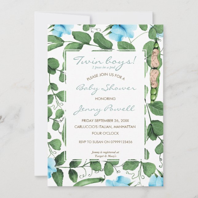 Twin Boys baby shower two peas in a pod invite (Front)
