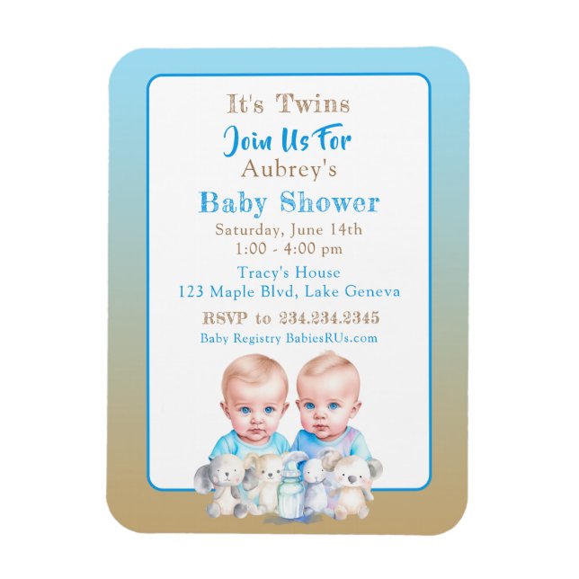 Twin Boy's Baby Shower Watercolor Animals Magnet (Vertical)