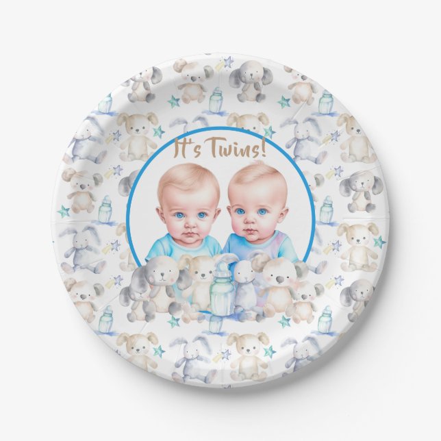 Twin Boy's Baby Shower Watercolor Animals Paper Plate (Front)