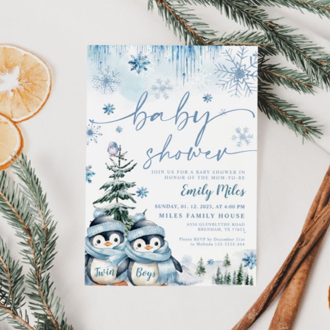 Twin Boys Baby Shower Winter Penguin Blue Invitation (Creator Uploaded)
