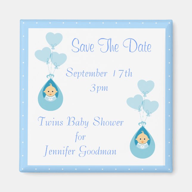 Twin Boys & Balloons Save The Date Baby Shower Magnet (Front)