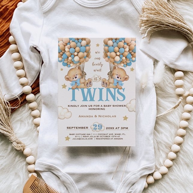 Twin Boys Bear Balloons Bearly Wait baby shower Invitation (Creator Uploaded)