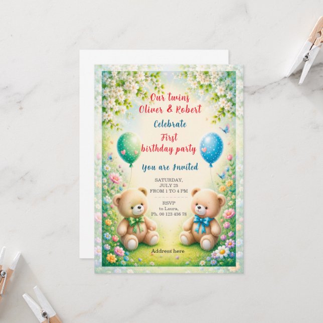 Twin boys birthday celebration invitation (Front/Back In Situ)